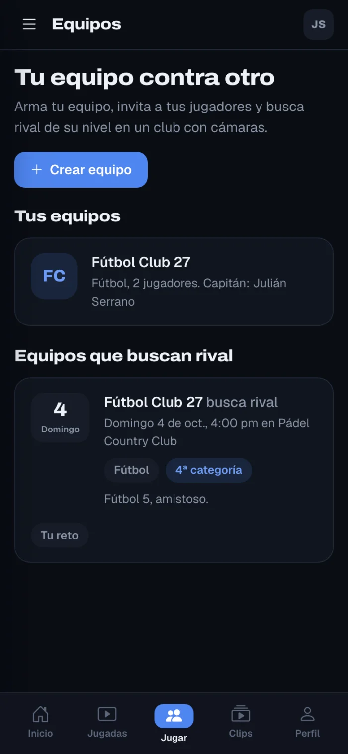 Pantalla de equipos con un equipo de fútbol que busca rival