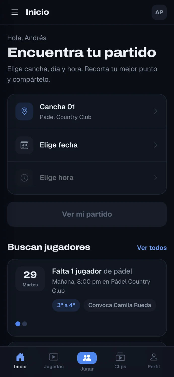 Pantalla de inicio: eliges cancha, fecha y hora para ver tu partido