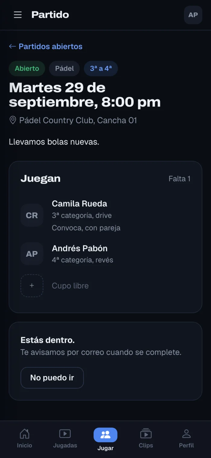 Pantalla de un partido abierto con los jugadores apuntados y un cupo libre